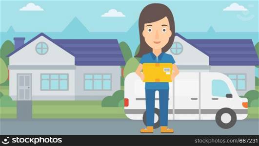 A delivery woman carrying box on the background of the city and delivery truck vector flat design illustration. Horizontal layout.. Woman delivering box.