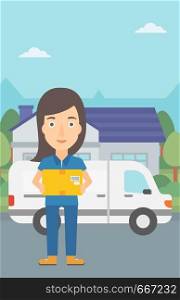 A delivery woman carrying box on the background of the city and delivery truck vector flat design illustration. Vertical layout.. Woman delivering box.