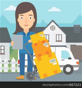 A delivery woman standing near cart with boxes and holding a file in a hand on the background of delivery truck and a house vector flat design illustration. Square layout.. Woman delivering boxes.