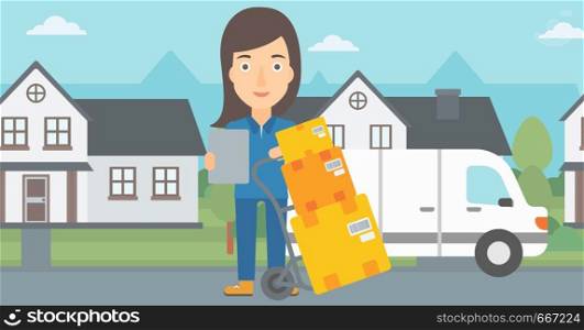 A delivery woman standing near cart with boxes and holding a file in a hand on the background of delivery truck and a house vector flat design illustration. Horizontal layout.. Woman delivering boxes.
