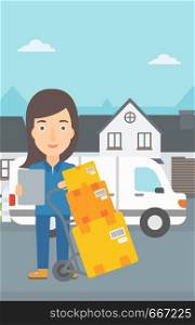 A delivery woman standing near cart with boxes and holding a file in a hand on the background of delivery truck and a house vector flat design illustration. Vertical layout.. Woman delivering boxes.