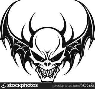 A demon head with wings in a vintage style of illustration