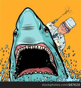 A dentist and a shark, the doctor makes cauterized. Pop art retro vector illustration drawing. A dentist and a shark, the doctor makes cauterized
