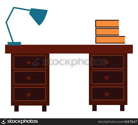 A desk with lamp and books on it with lot of comfortable draws , vector, color drawing or illustration.