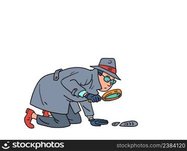 A detective with a magnifying glass examines the tracks. a private detective, a man in a coat, hat and glasses. Comic cartoon hand drawing retro illustration. A detective with a magnifying glass examines the tracks. a private detective, a man in a coat, hat and glasses