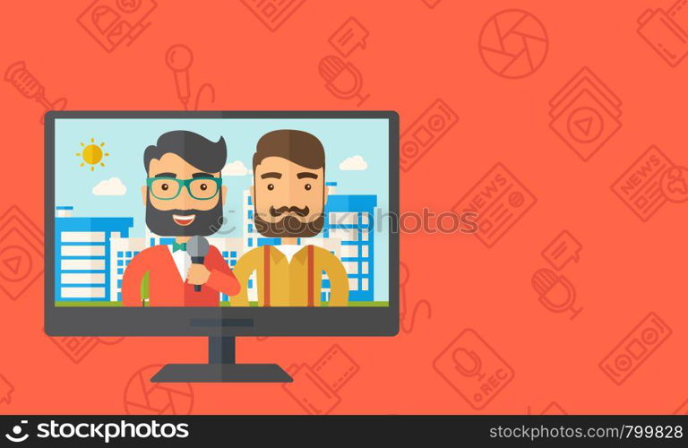 A dialog with two caucasian newscaster in a televesion. Vector flat design illustration. Horizontal layout with text sapce in right side.. Breaking news