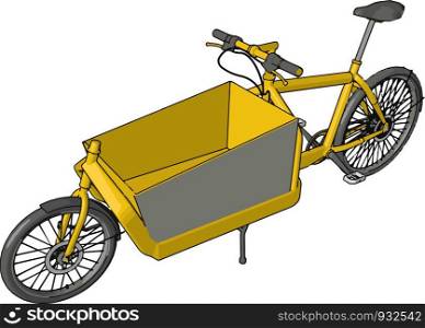 A different type of bike or cycle which have basket in middle of the two wheels not in front side of rear wheel Basket is yellow in color and big also vector color drawing or illustration