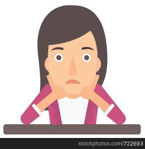 A disappointed young woman sitting at the table and clutching her head vector flat design illustration isolated on white background. . Woman clutching her head in desperate.