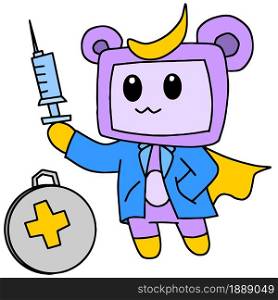 a doctor is holding a shot of a viral vaccine. cartoon illustration sticker mascot emoticon