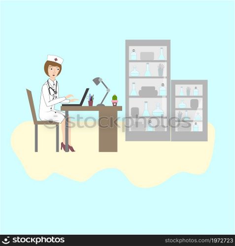A doctor working at a laptop in an office at a table against the background of medical cabinets with medicines and devices.. The doctor is working at the computer