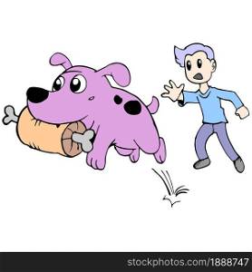 a dog steals meat from its owner. cartoon illustration sticker mascot emoticon