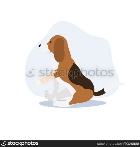 a dog with a bandage. a Dog Get Sick Hurt, Wounded.  Flat vector cartoon illustration
