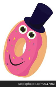 A donut with big smiley wearing a long black hat , vector, color drawing or illustration.