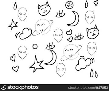 A doodle with moon star cat love eye cloud sign vector color drawing or illustration