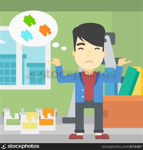 A doubtful asian man choosing color for walls in apartment. Man with spread arms choosing a color of paint. Vector flat design illustration. Square layout.. Man choosing paint color.