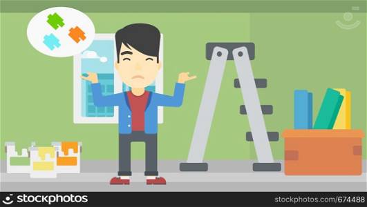 A doubtful asian man choosing color for walls in apartment. Man with spread arms choosing a color of paint. Vector flat design illustration. Horizontal layout.. Man choosing paint color.