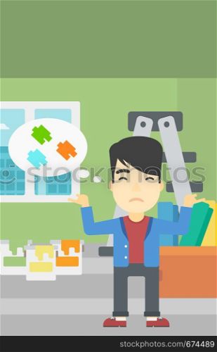 A doubtful asian man choosing color for walls in apartment. Man with spread arms choosing a color of paint. Vector flat design illustration. Vertical layout.. Man choosing paint color.