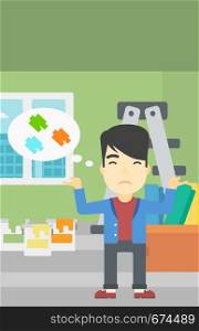 A doubtful asian man choosing color for walls in apartment. Man with spread arms choosing a color of paint. Vector flat design illustration. Vertical layout.. Man choosing paint color.