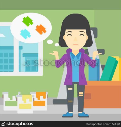A doubtful asian woman choosing color for walls in apartment. Woman with spread arms choosing a color of paint. Vector flat design illustration. Square layout.. Woman choosing paint color.