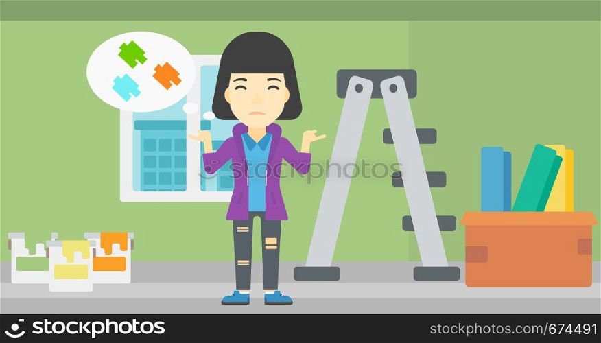 A doubtful asian woman choosing color for walls in apartment. Woman with spread arms choosing a color of paint. Vector flat design illustration. Horizontal layout.. Woman choosing paint color.