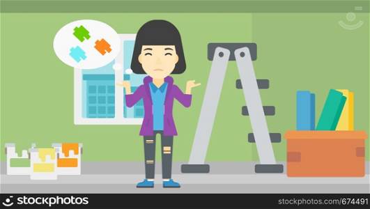 A doubtful asian woman choosing color for walls in apartment. Woman with spread arms choosing a color of paint. Vector flat design illustration. Horizontal layout.. Woman choosing paint color.