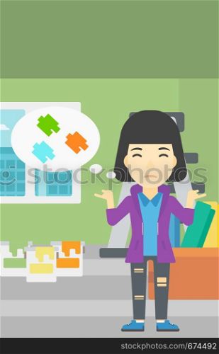 A doubtful asian woman choosing color for walls in apartment. Woman with spread arms choosing a color of paint. Vector flat design illustration. Vertical layout.. Woman choosing paint color.