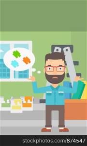 A doubtful hipster man with the beard choosing color for a room on a background of room with step-ladder, paint cans and box with wallpapers vector flat design illustration. Vertical layout.. Man choosing paint color.