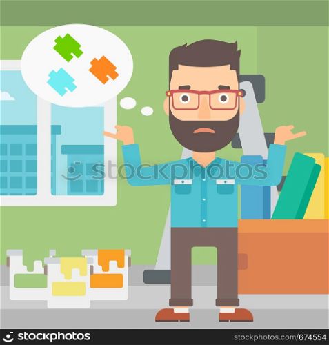 A doubtful hipster man with the beard choosing color for a room on a background of room with step-ladder, paint cans and box with wallpapers vector flat design illustration. Square layout.. Man choosing paint color.