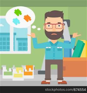 A doubtful hipster man with the beard choosing color for a room on a background of room with step-ladder, paint cans and box with wallpapers vector flat design illustration. Square layout.. Man choosing paint color.