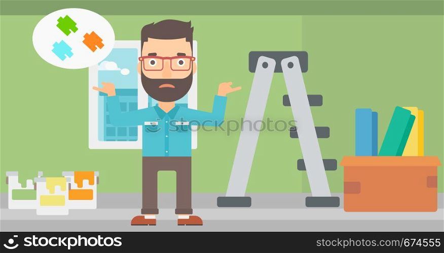 A doubtful hipster man with the beard choosing color for a room on a background of room with step-ladder, paint cans and box with wallpapers vector flat design illustration. Horizontal layout.. Man choosing paint color.
