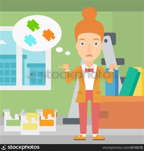 A doubtful woman choosing color for a room on a background of room with step-ladder, paint cans and box with wallpapers vector flat design illustration. Square layout.. Woman choosing paint color.