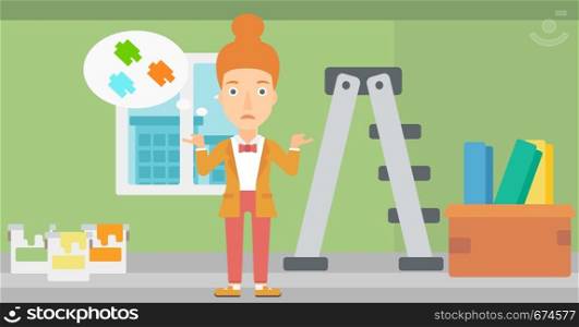 A doubtful woman choosing color for a room on a background of room with step-ladder, paint cans and box with wallpapers vector flat design illustration. Horizontal layout.. Woman choosing paint color.