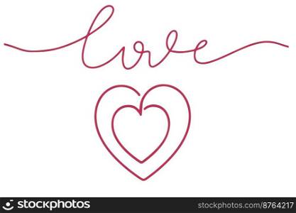 A drawing of a continuous line of hearts and the inscription love. Fashionable minimalist illustration. Drawing in one line. A drawing of a continuous line of hearts and the inscription love. Fashionable minimalist illustration. Drawing in one line.