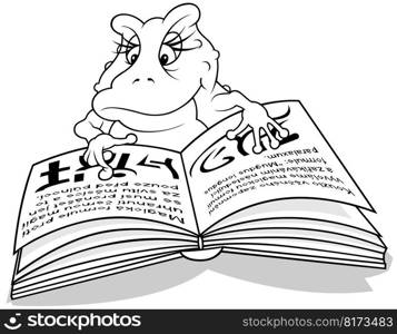 A Drawing of a Frog that Reads in a Book of Spells - Cartoon Illustration Isolated on White Background, Vector