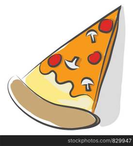 A drawing of a triangular slice of pizza with a thick crust double cheese pepperoni and mushrooms vector color drawing or illustration