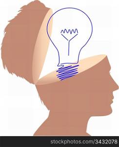 A drawing or of a light bulb as a symbol of a plan in the open head of a man.