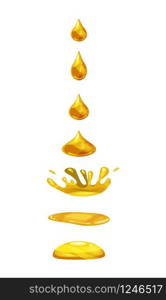 A drop of liquid, water falls and makes a splash. Drop of liquid, water falls and makes a splash, orange, gold colour. Phases, frames, for animation, cartoon style, vector, isolated