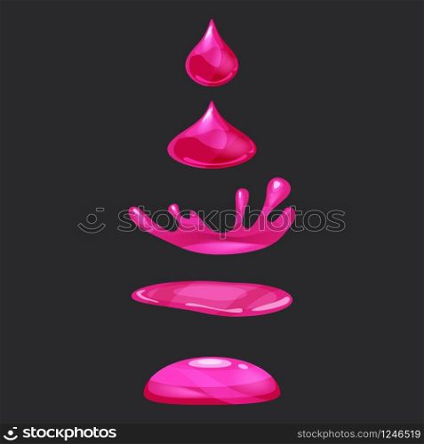 A drop of liquid, water falls and makes a splash. Drop of liquid, water falls and makes a splash, pink colour. Phases, frames, for animation, cartoon style, vector, isolated