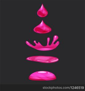 A drop of liquid, water falls and makes a splash. Drop of liquid, water falls and makes a splash, pink colour. Phases, frames, for animation, cartoon style, vector, isolated