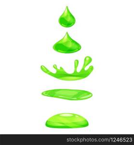 A drop of liquid, water falls and makes a splash. Drop of liquid, water falls and makes a splash, green colour. Phases, frames, for animation, cartoon style, vector, isolated