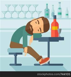 A drunk man sitting fall asleep on the table with a bottle of beer inside the pub. Over drink concept. A contemporary style with pastel palette soft blue tinted background. Vector flat design illustration. Square layout. Drunk man fall asleep in the pub.