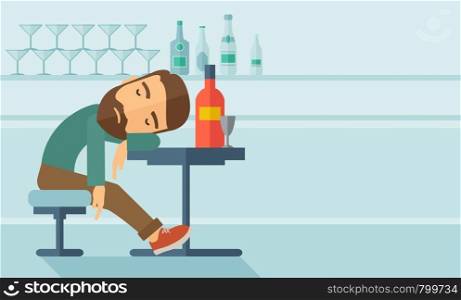 A drunk man sitting fall asleep on the table with a bottle of beer inside the pub. Over drink concept. A contemporary style with pastel palette soft blue tinted background. Vector flat design illustration. Horizontal layout with text space in right side.. Drunk man fall asleep in the pub.