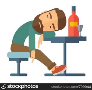 A drunk man sitting fall asleep on the table with a bottle of beer inside the pub. Over drink concept. A Contemporary style. Vector flat design illustration isolated white background. Square layout.. Drunk man fall asleep in the pub.