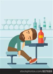 A drunk man sitting fall asleep on the table with a bottle of beer inside the pub. Over drink concept. A contemporary style with pastel palette soft blue tinted background. Vector flat design illustration. Vertical layout with text space on top part.. Drunk man fall asleep in the pub.