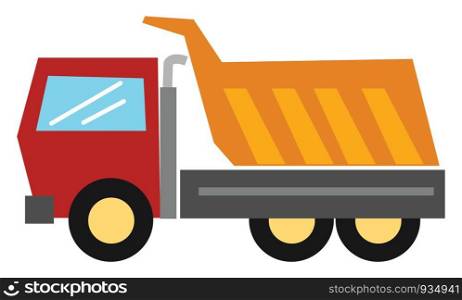 A dump truck with hopper in orange color, engine, fuel tank, in red color, and cabin in blue color, and side frame in grey color, used for taking dumps, vector, color drawing or illustration.