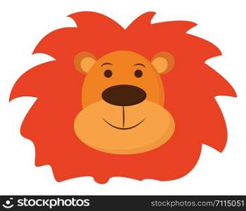 A face of a brown lion with a short, rounded head and ears, orange mane covering the head, oval-shaped black nose, is smiling , vector, color drawing or illustration.