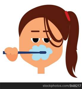 A face of a pretty cartoon girl in her side ponytail brushing her teeth with a blue toothbrush in the break of dawn looks amazing, vector, color drawing or illustration.