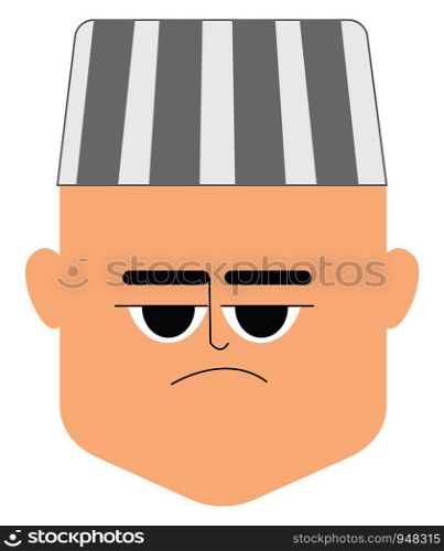 A face of a sad prisoner in a white cap with black stripes or bands looks unhappy for some reason set isolated on white background viewed from the front, vector, color drawing or illustration.