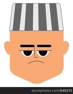 A face of a sad prisoner in a white cap with black stripes or bands looks unhappy for some reason set isolated on white background viewed from the front, vector, color drawing or illustration.