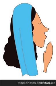 A face of a woman with long curly black hair, sharp nose, hands together and a blue shawl on her head has closed her eyes while praying, vector, color drawing or illustration.